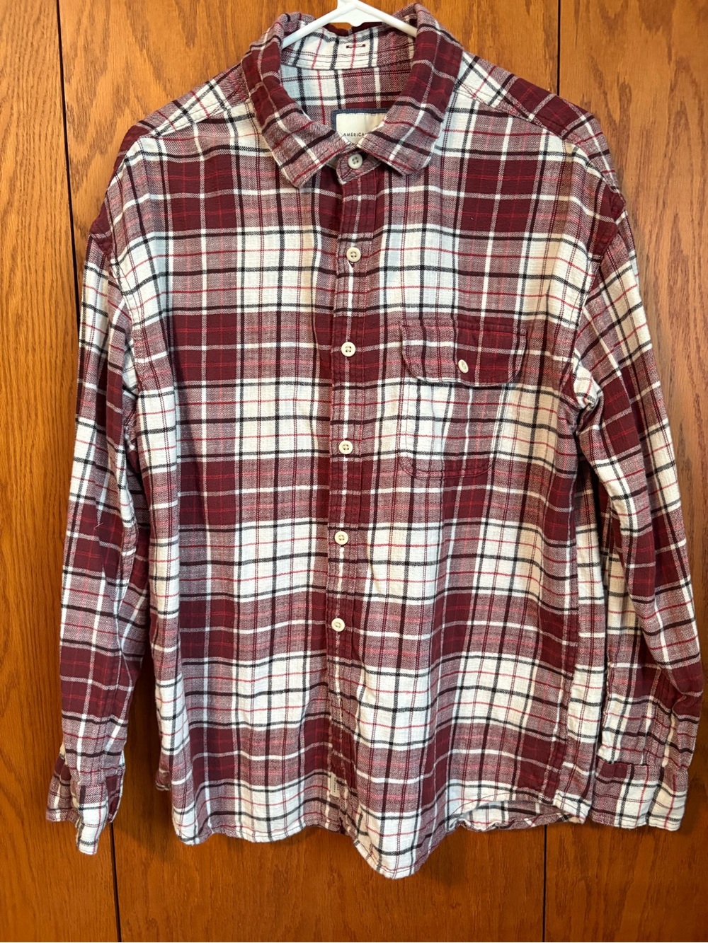 American Eagle Outfitters Maroon and White Plaid Button-Down Shirt